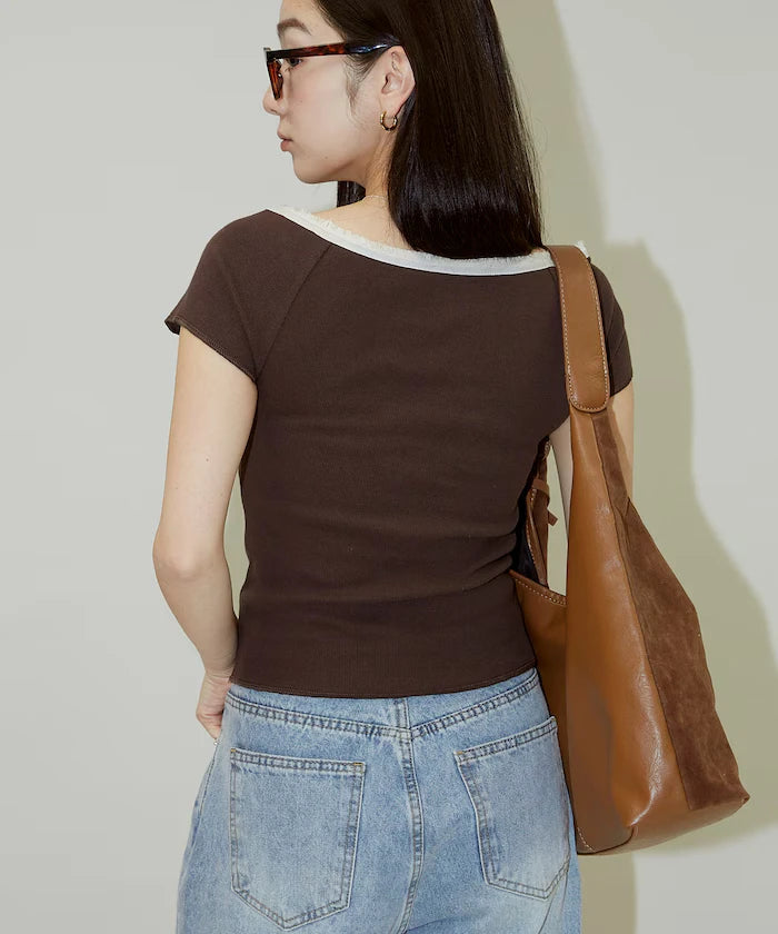 Collar Lace Contrast Henry Rib T-Shirt