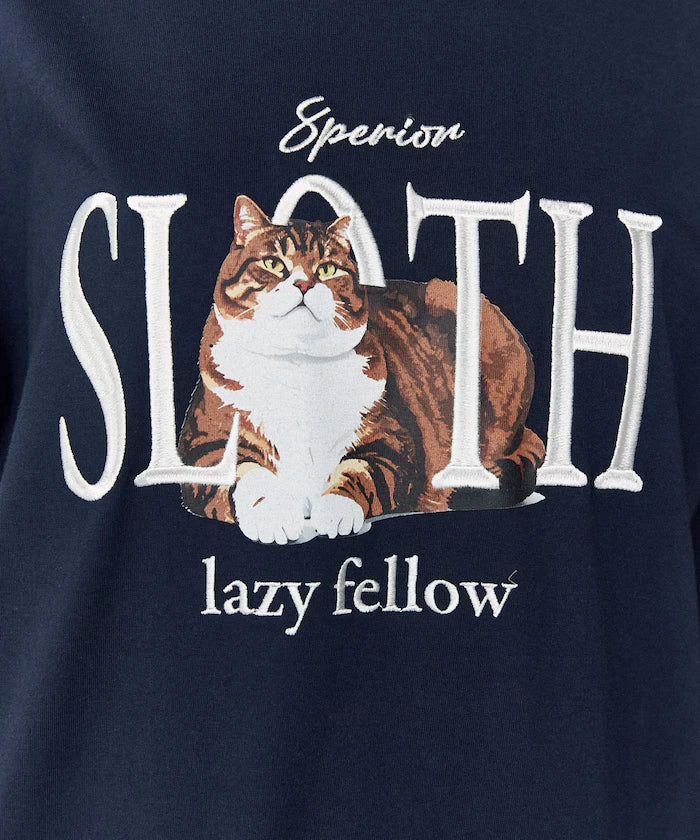 <Functional Material> SLOTH Embroidered Cat T-Shirt Limited Edition