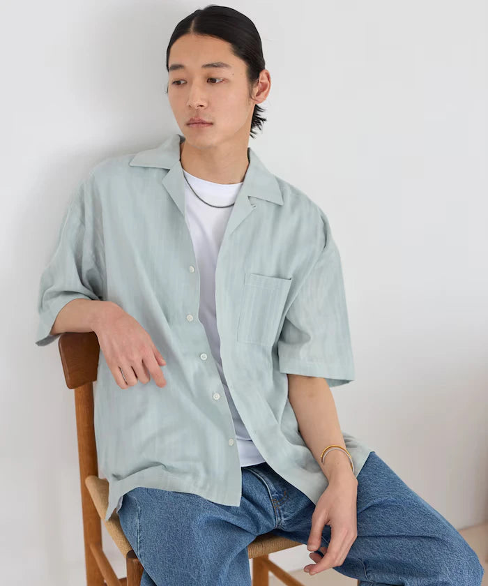 Jacquard Relaxed Fit Open Collar Short Sleeve Shirt Semi-Sheer Dobby Weave