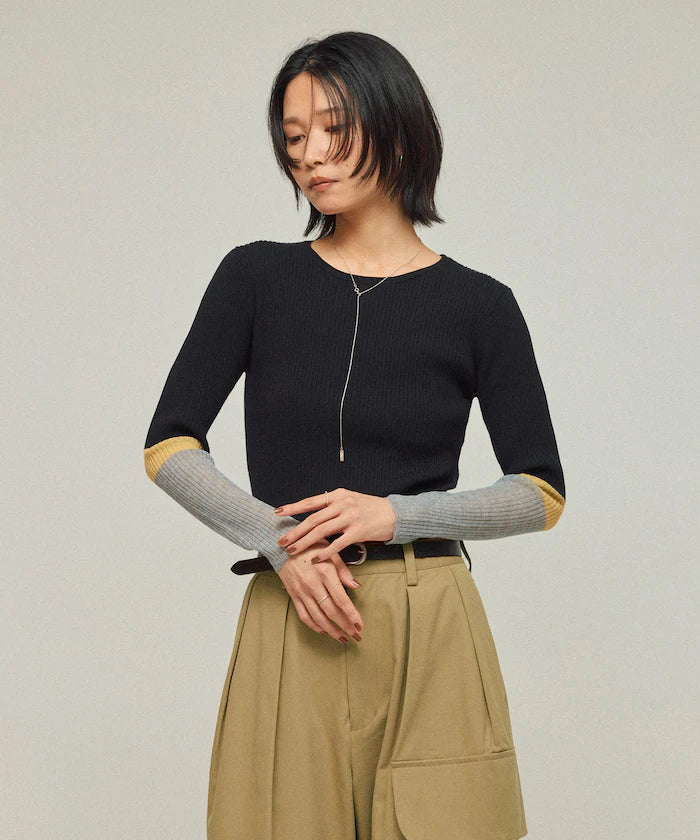 Functional material silk blend color block knit pullover / anti-pill / machine washable
