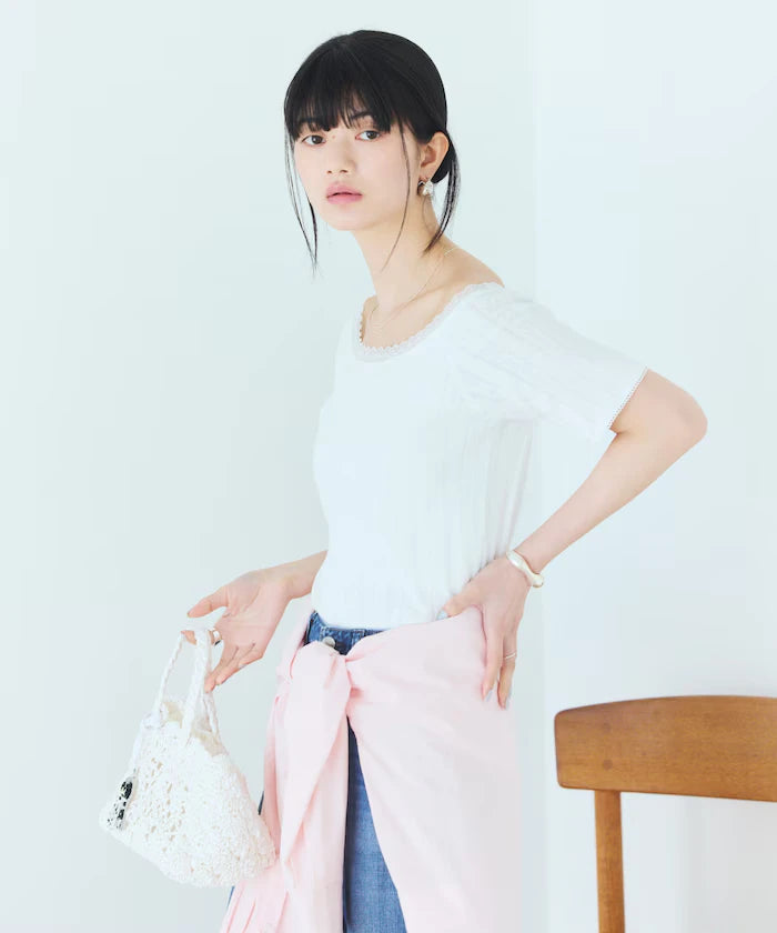 Boat Neck Pullover Knit Lace T-Shirt
