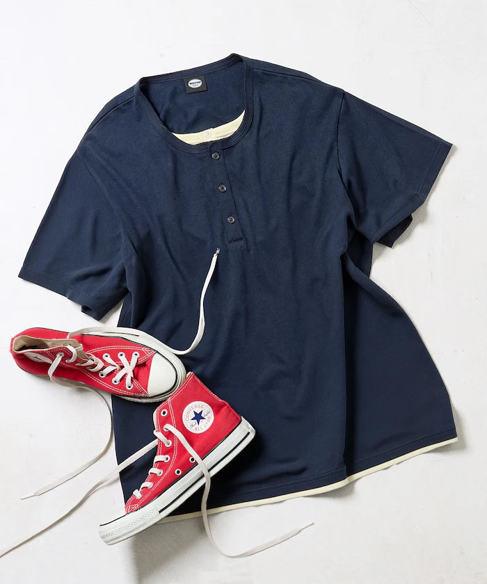 Fake Layered Henry Neck Cut-and-sew Short Sleeve T-shirt [Limited Edition]