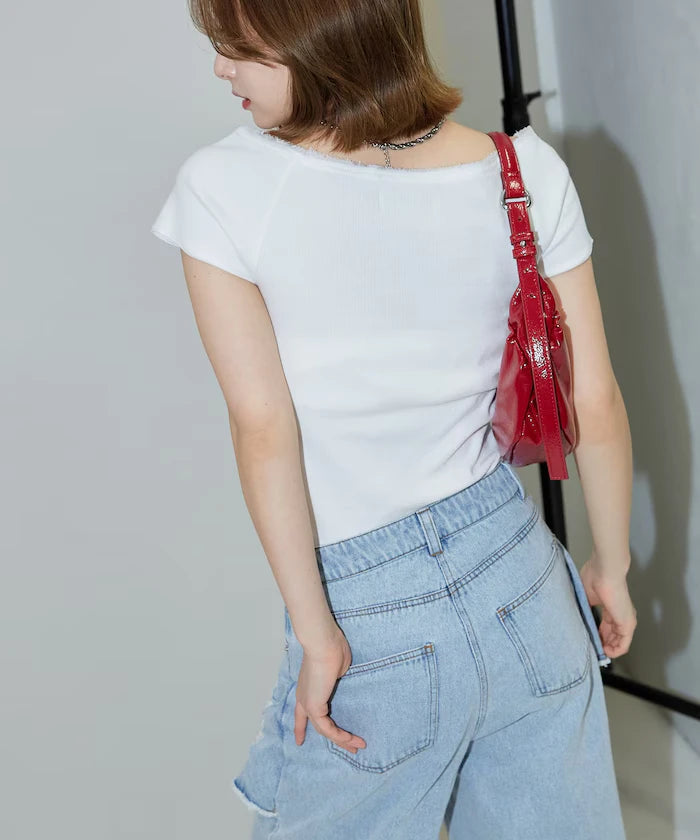 Collar Lace Contrast Henry Rib T-Shirt