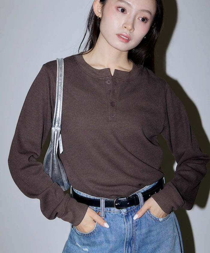 Mini Waffle Henley Neck Cropped Long Sleeve T Limited Edition