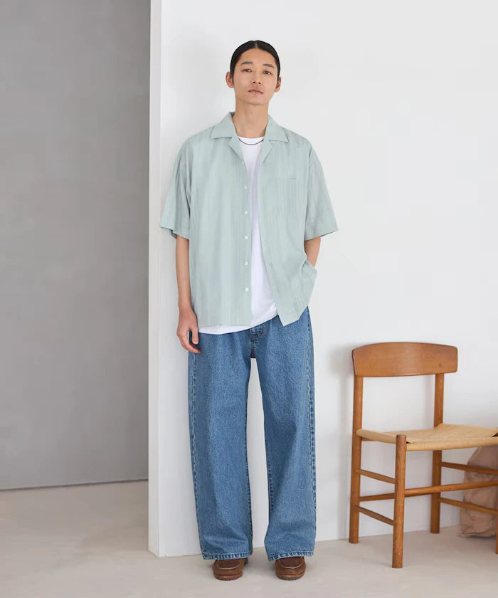 Jacquard Relaxed Fit Open Collar Short Sleeve Shirt Semi-Sheer Dobby Weave
