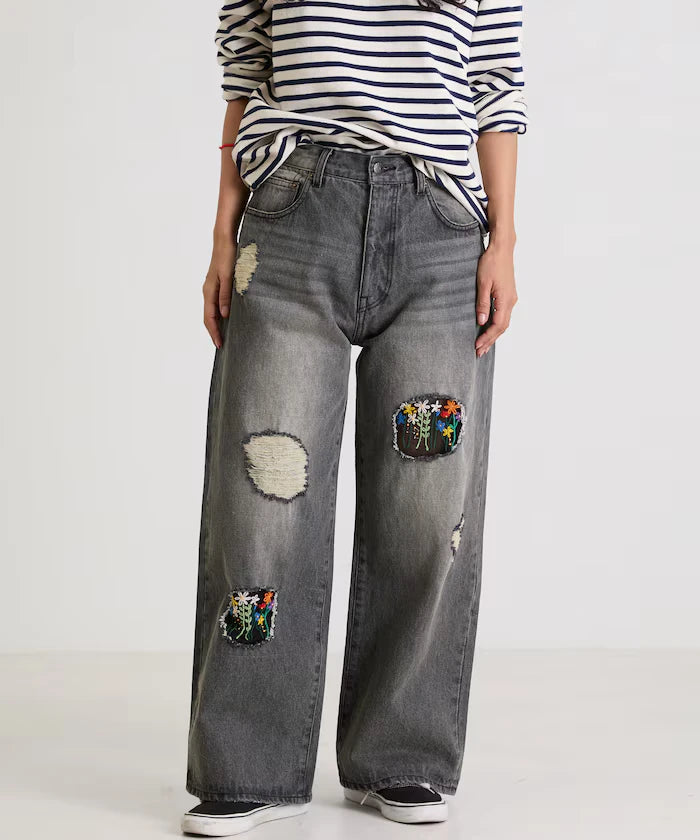 Flower Embroidery Wide Denim