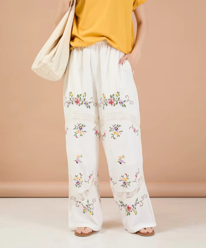 India Flower Cross Embroidery Lace Pants