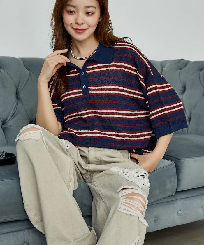 LOVE POP STUDIO Border Knit Polo Shirt Limited Edition