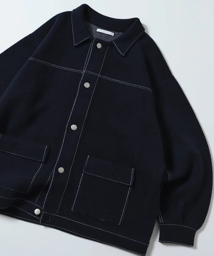 Oversized Wool Blend Knit Coverall / Color Stitch Knit Jacket