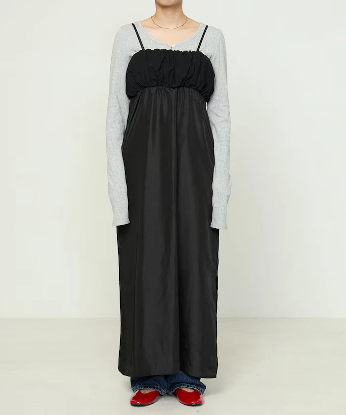 Mixed Material Shirring Satin Dress Limited Release