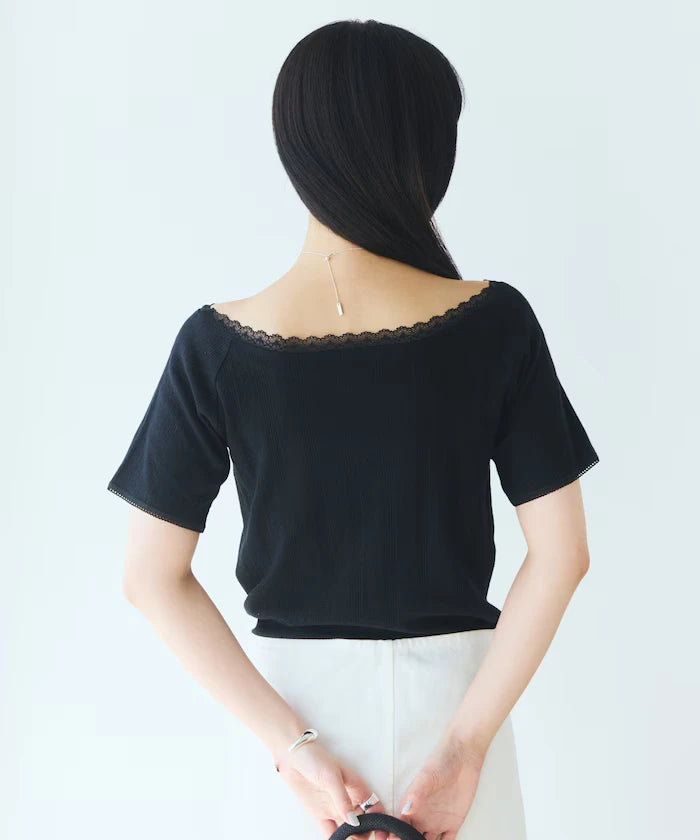 Boat Neck Pullover Knit Lace T-Shirt