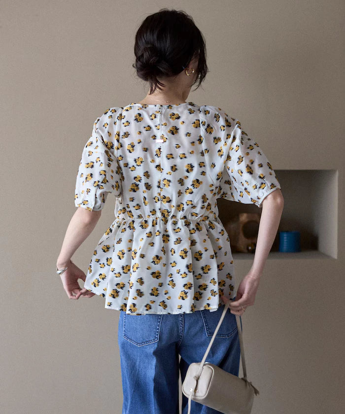Flower Sheer Jacquard Volume Sleeve Peplum Blouse / 5 Minutes Sleeve