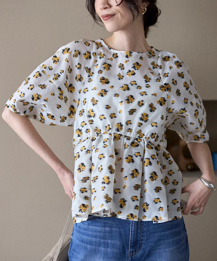 Flower Sheer Jacquard Volume Sleeve Peplum Blouse / 5 Minutes Sleeve