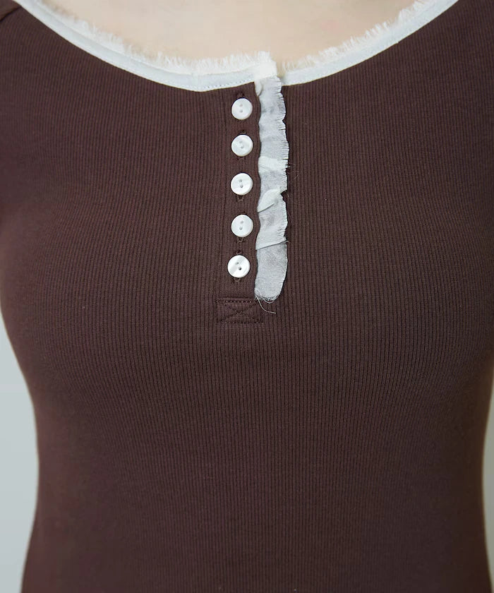 Collar Lace Contrast Henry Rib T-Shirt