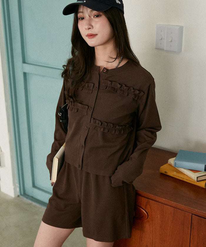 Frill Design Cardigan Short Pants Set Up Limited Release