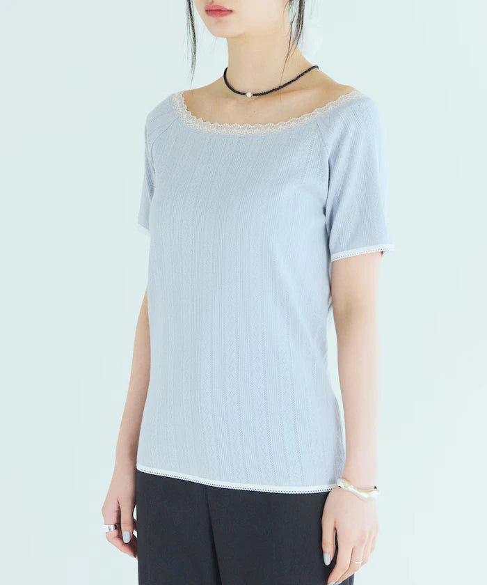Boat Neck Pullover Knit Lace T-Shirt