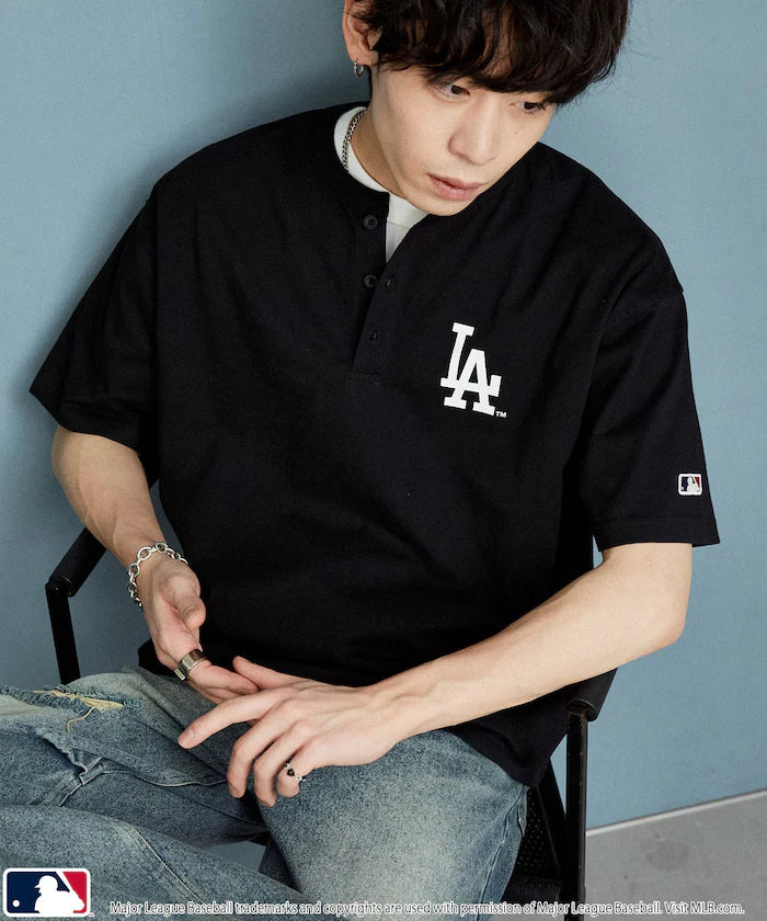 Limited Edition MLB Logo Print Henley Neck Oversized T-Shirt