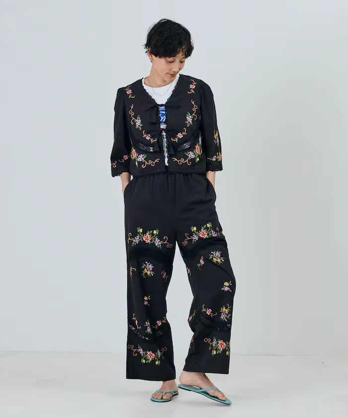 India Flower Cross Embroidery Lace Pants