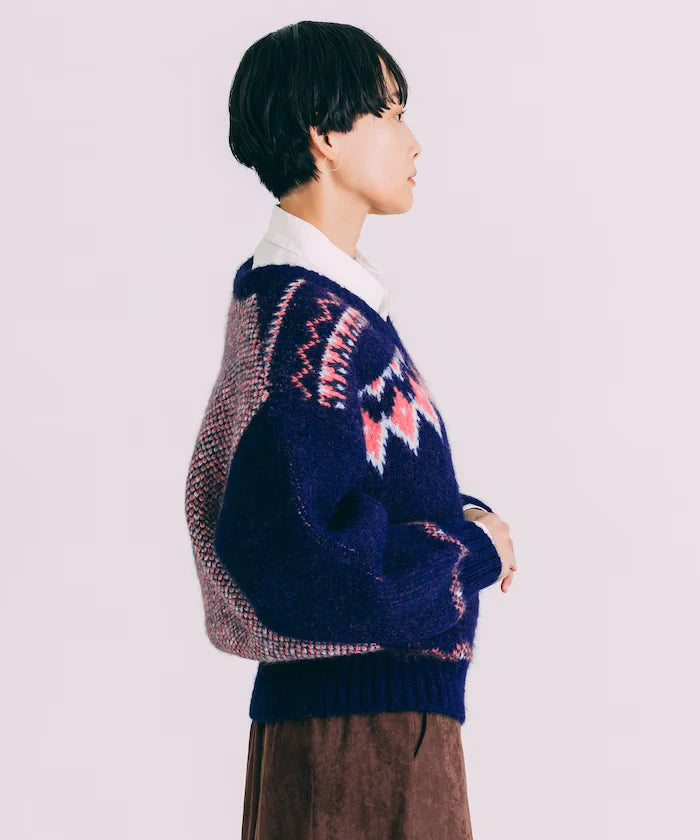 V-neck color block Nordic pattern knit
