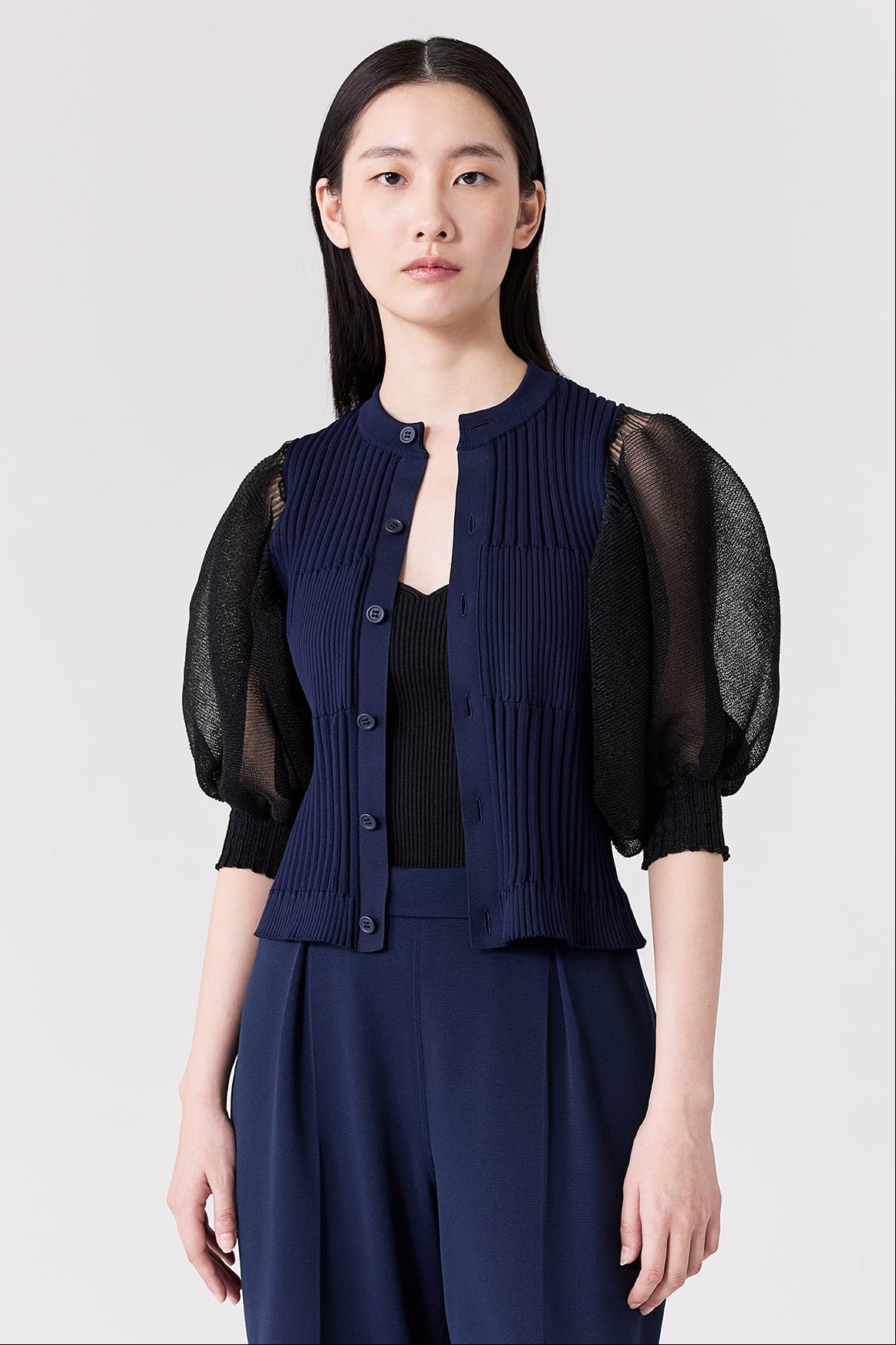 FLUTED LUCENT PUFF SLEEVE CARDIGAN