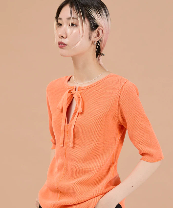 Ribbon Tied 2WAY Waffle 5 Sleeve T-Shirt