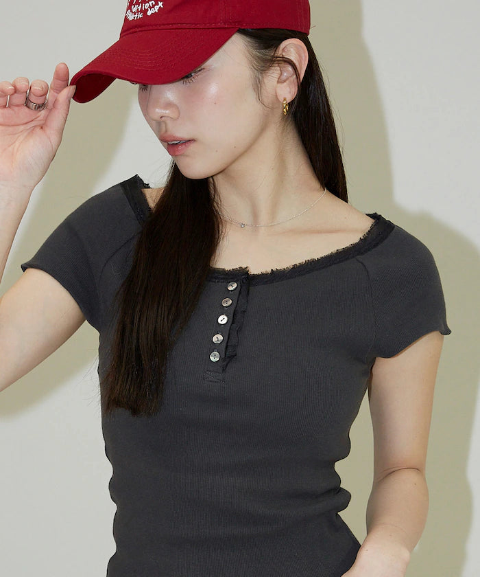 Collar Lace Contrast Henry Rib T-Shirt