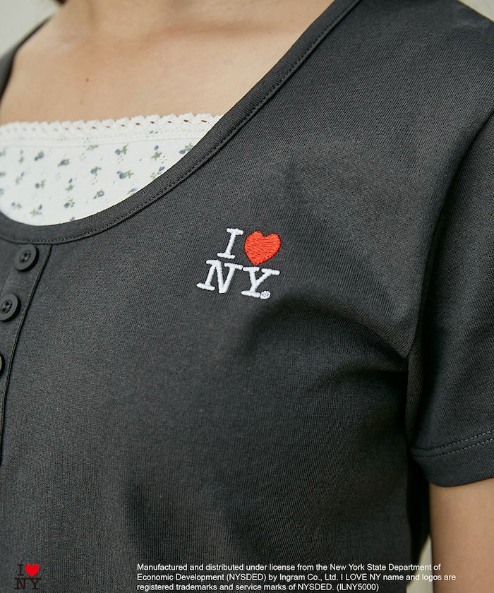 I LOVE NY Floral Pattern Layered Style Henley Neck T-Shirt Limited Edition