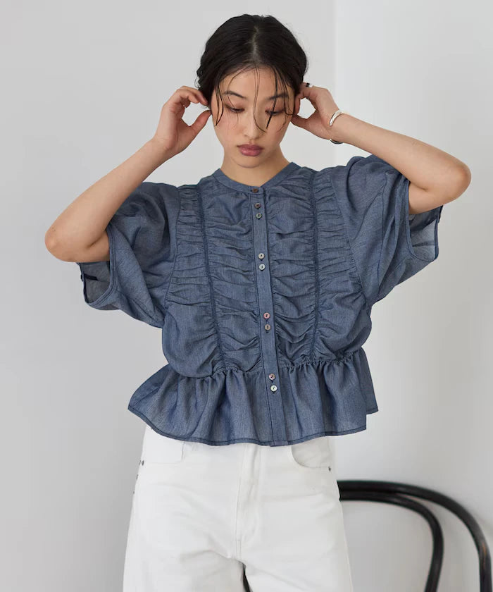 Sheer Shirring Volume Sleeve Blouse / 5 Short Sleeves