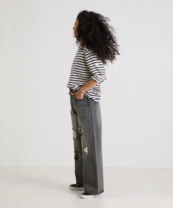 Flower Embroidery Wide Denim