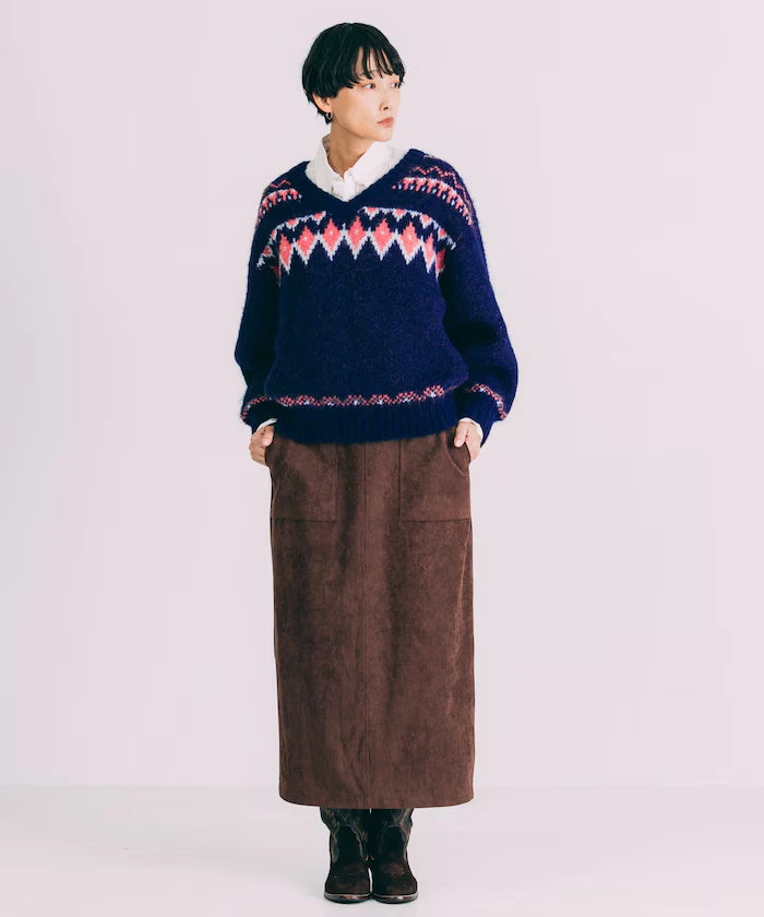 V-neck color block Nordic pattern knit