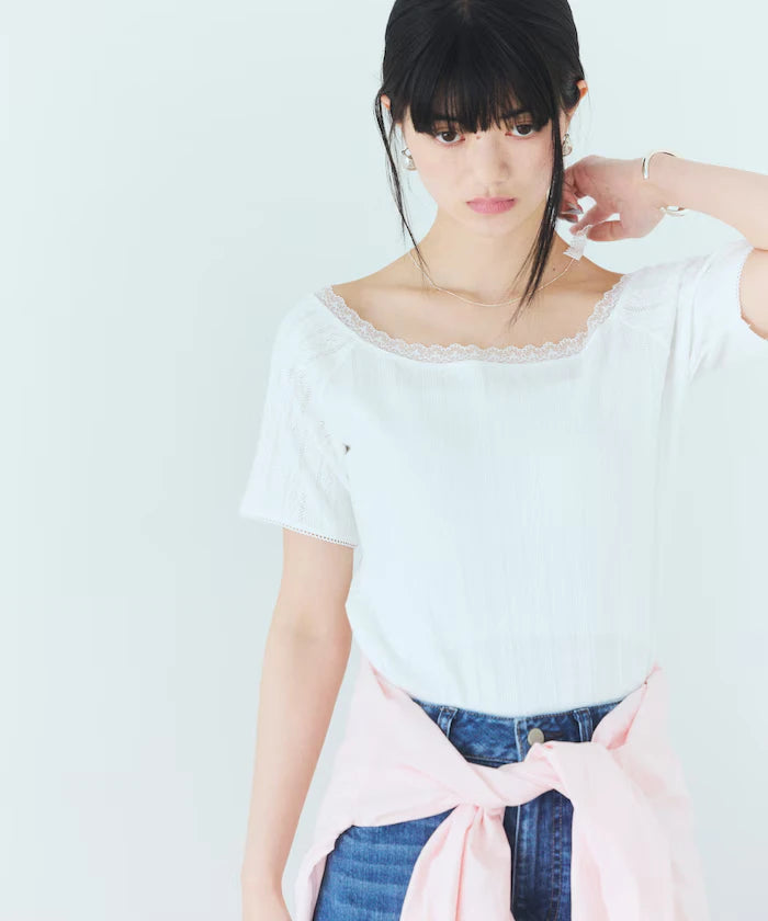 Boat Neck Pullover Knit Lace T-Shirt