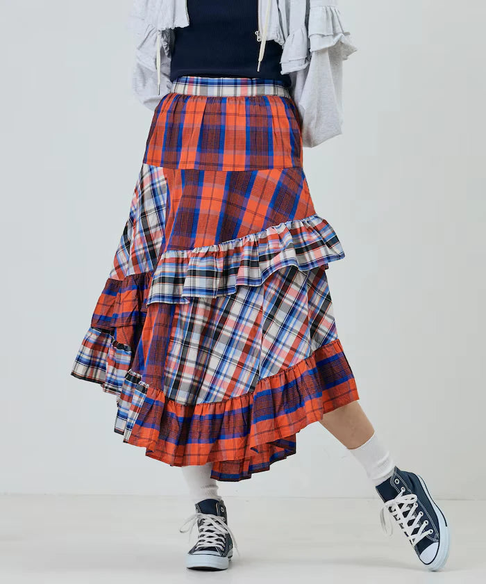 Check x Check Asymmetrical Frill Skirt