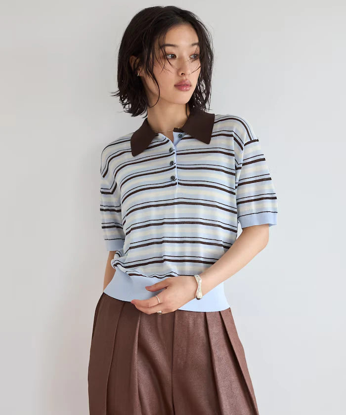 Relaxed Fit Color Design Polo Knit / Bicolor / Multi Stripe