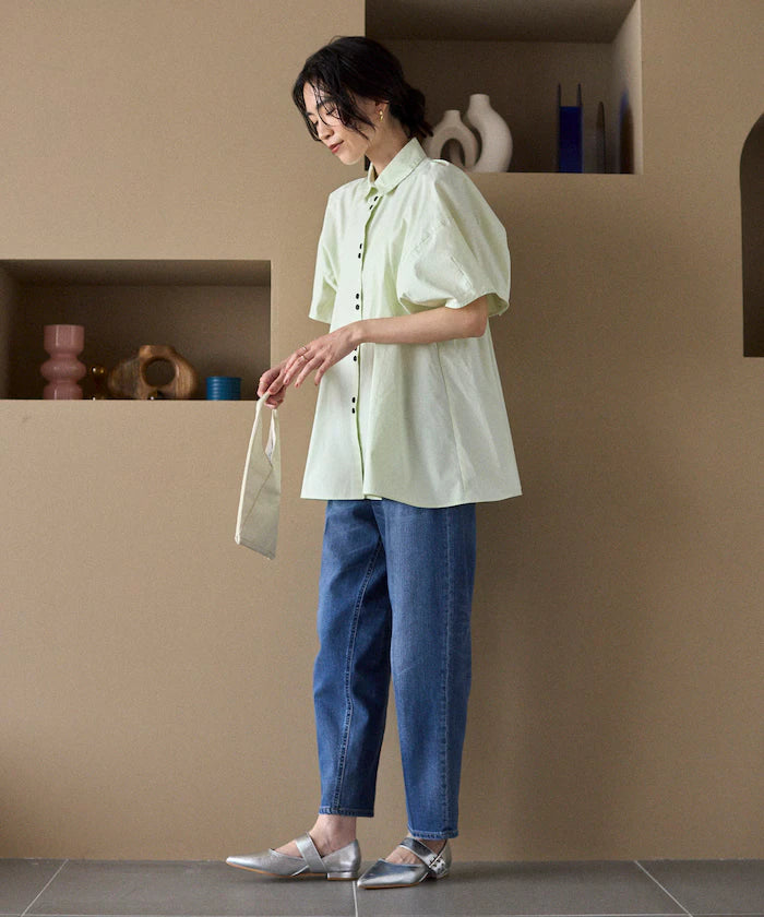Color Added Balloon Sleeve Shirt / 5 Sleeve Blouse