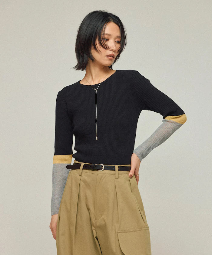 Functional material silk blend color block knit pullover / anti-pill / machine washable