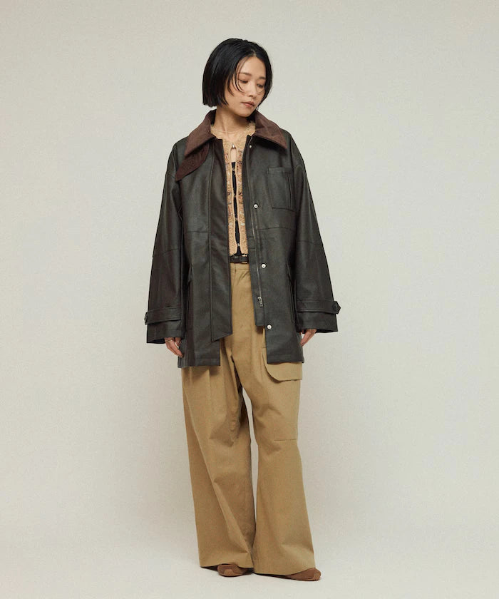 Oversized Crush Leatherette Jacket / Collar Corduroy