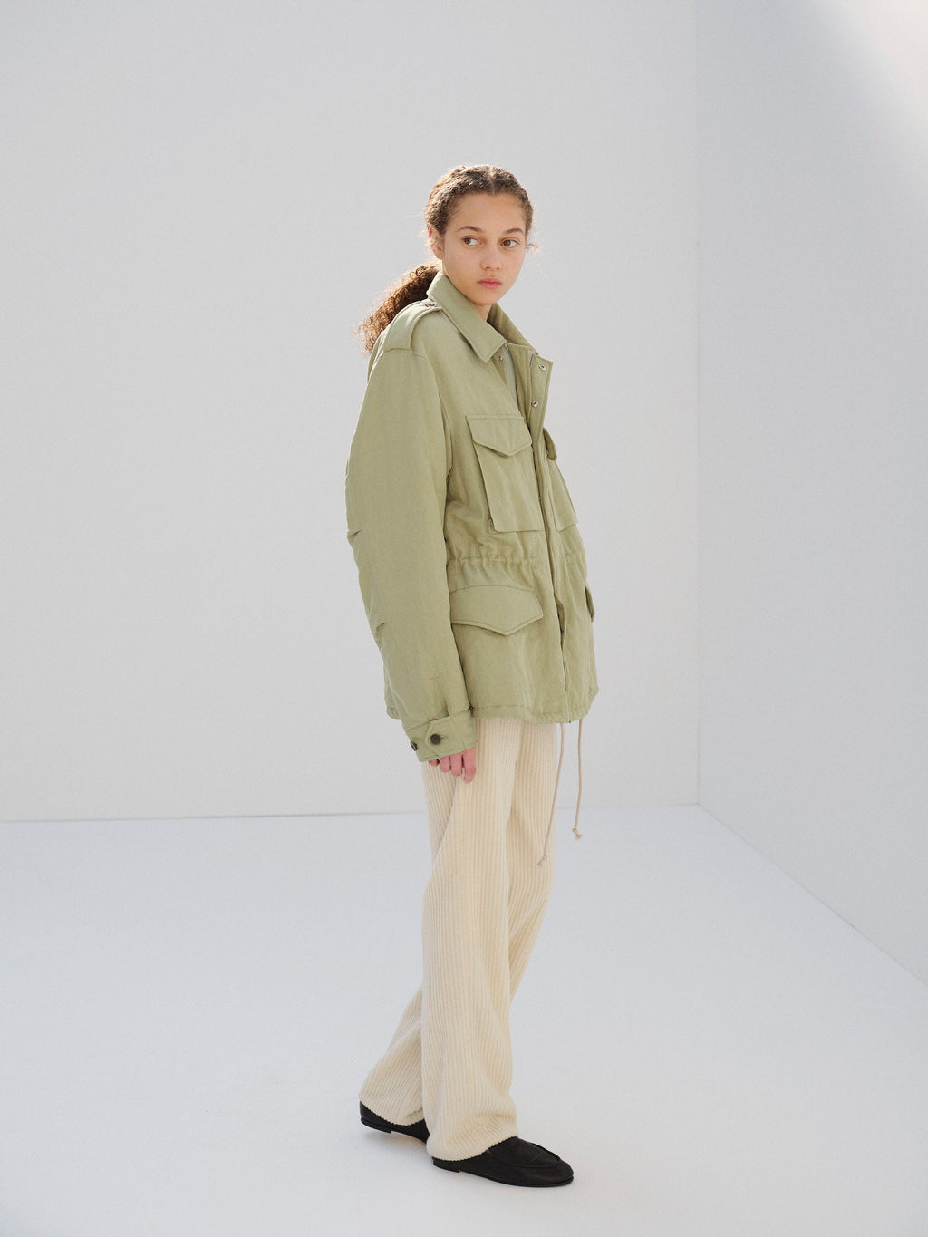 BRUSHED SILK LINEN SATIN PADDED MILITARY BLOUSON