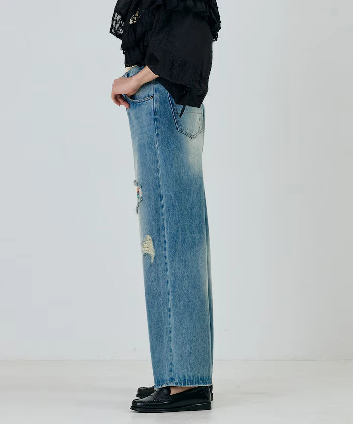 Flower Embroidery Wide Denim