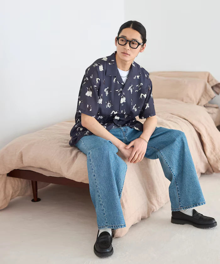 Mesh Open Collar Pattern Short Sleeve Shirt / Allover Design Open Collar Shirt / Big Silhouette