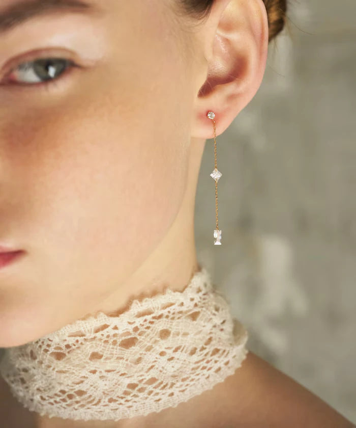 K10 Zirconia Chain Earrings / For Both Ears