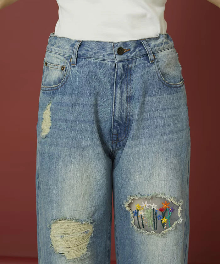 Flower Embroidery Wide Denim