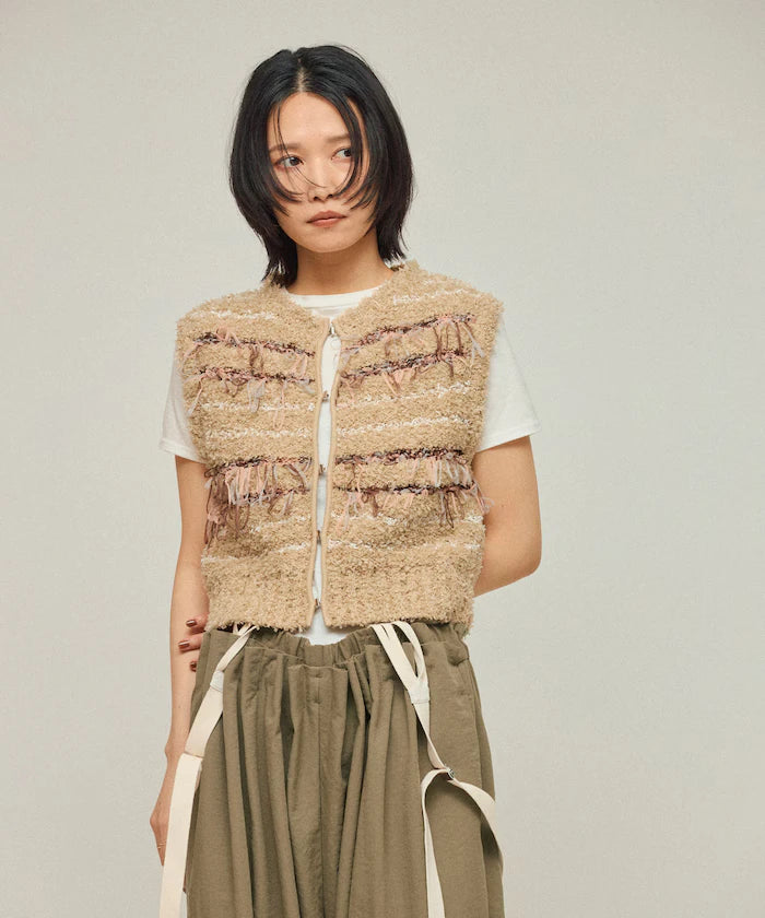 Mixed Material Fringe Knit Vest / Striped Knit Gilet