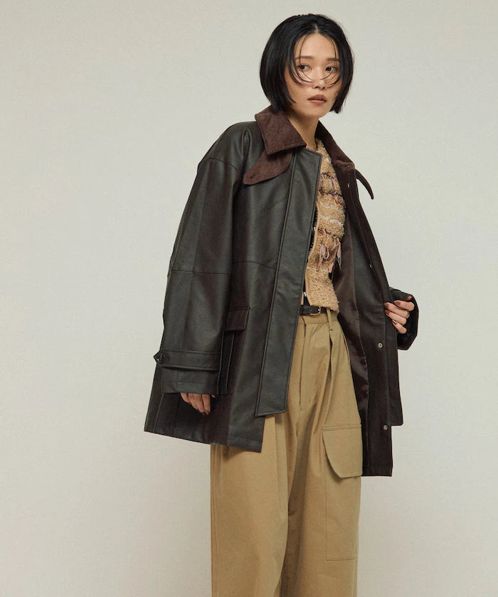 Oversized Crush Leatherette Jacket / Collar Corduroy