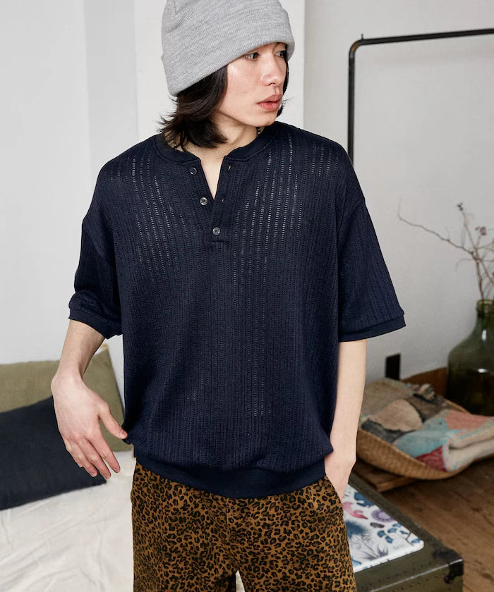 LOVE POP STUDIO Pattern Mesh Henley Neck T-Shirt Limited Release