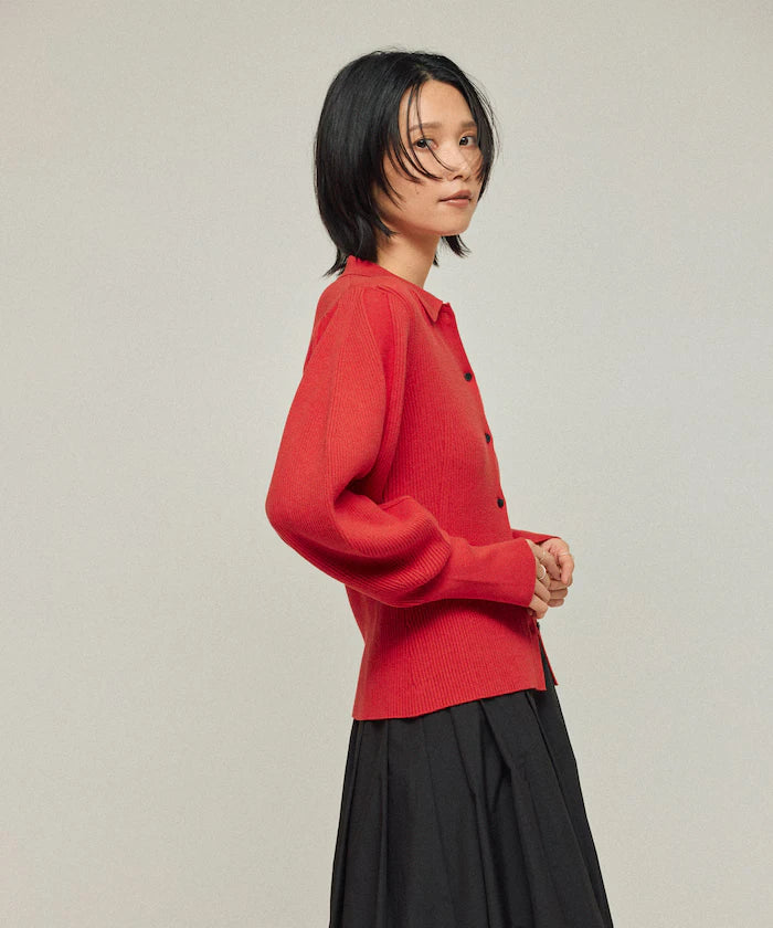 Functional material silk blend knit polo volume sleeve knit cardigan / anti-pill / machine washable