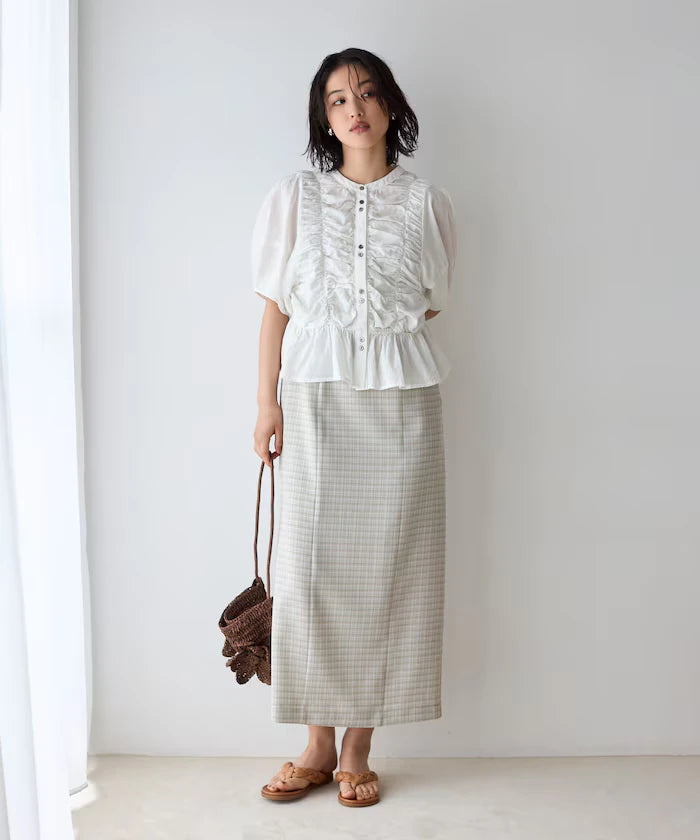 Sheer Shirring Volume Sleeve Blouse / 5 Short Sleeves
