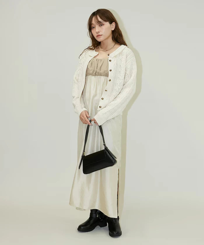 Mixed Material Shirring Satin Dress Limited Release