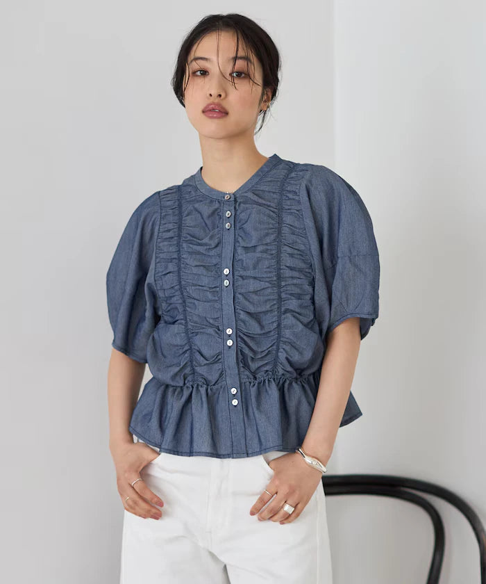 Sheer Shirring Volume Sleeve Blouse / 5 Short Sleeves