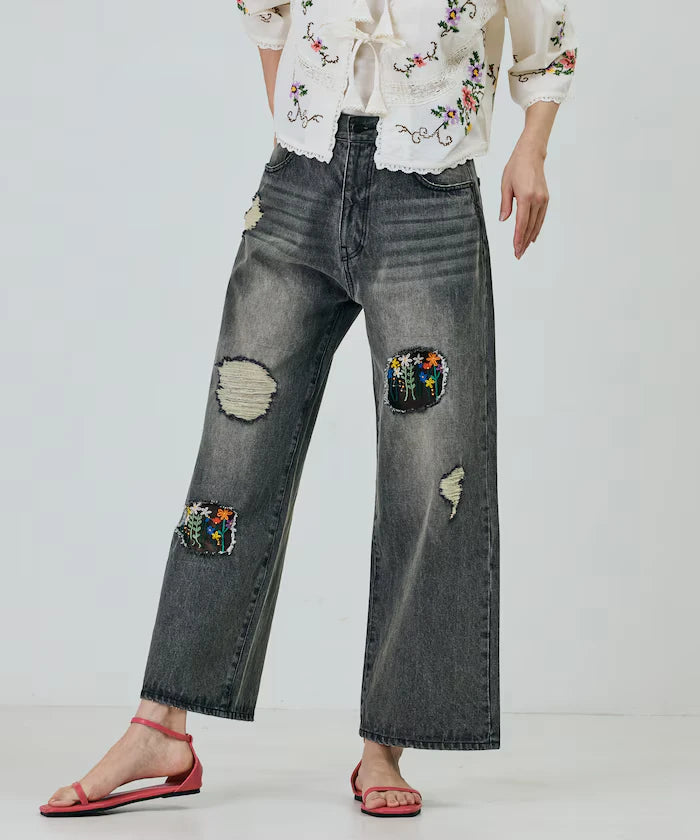 Flower Embroidery Wide Denim