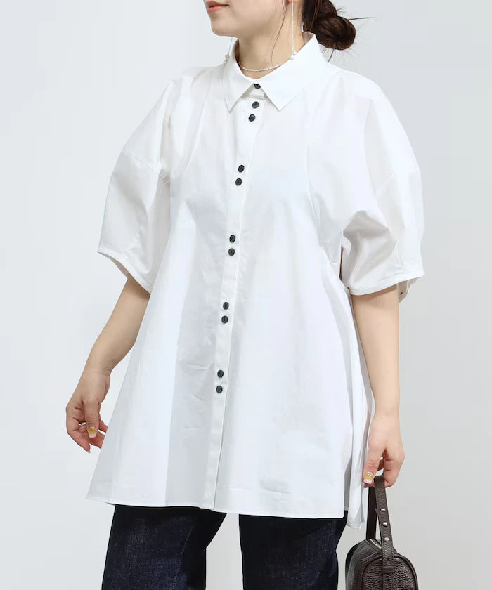 Switching Design Balloon Sleeve Shirt / 5-Minute Sleeve Blouse
